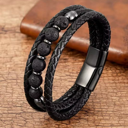Feng Yue Armband met Natuursteen & Lederen Bedels (19-23 cm)