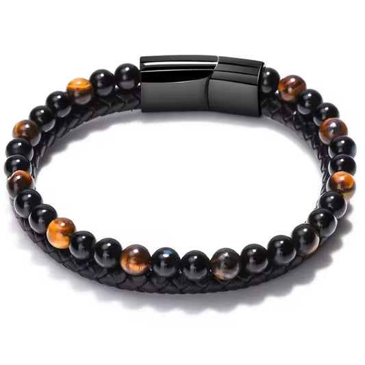 Heren Armband Natuursteen Tijgeroog Agaat Leer – Vulkanische Kralen Armband met Roestvrijstalen Sluiting