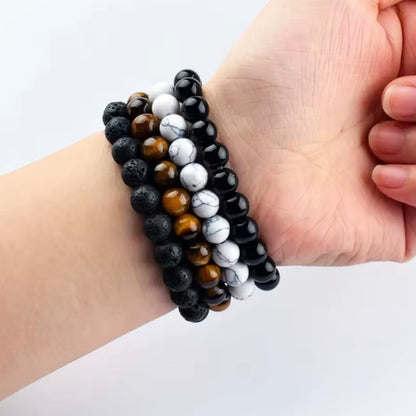 Vintage kralen armband natuursteen lavasteen tijgeroog wit turkoois zwarte steen kralen armband
