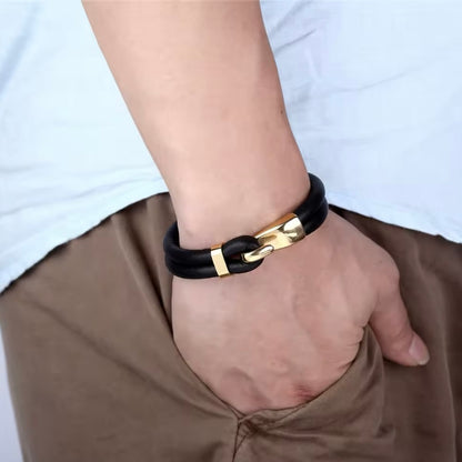 Stijlvolle Zwarte Multi-Layer Lederen Anker Armband voor Mannen – 2025 Mode & Luxe Geschenken (19-23 cm)