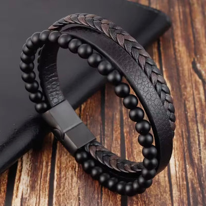 Klassieke Mode Hoge Kwaliteit Lederen Armband Obsidiaan Kralen Multi Layer Lederen