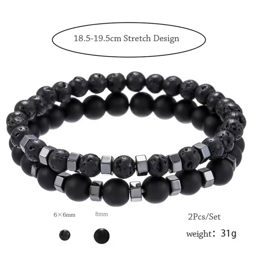 2-Delige Kralen Armband Set – Lavasteen, Agaat & Tijgeroog | Unisex Sieraden Cadeau voor Mannen & Vrouwen
