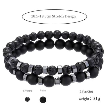 2-Delige Kralen Armband Set – Lavasteen, Agaat & Tijgeroog | Unisex Sieraden Cadeau voor Mannen & Vrouwen
