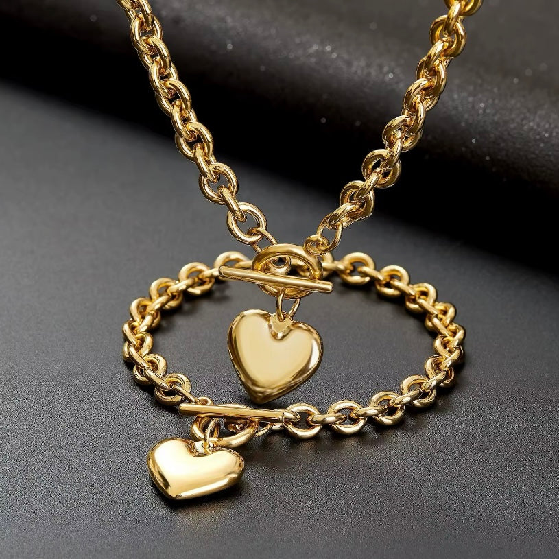 Punk Big Love Heart Ketting & Armband Set – Vintage Grunge Sieraden voor Vrouwen