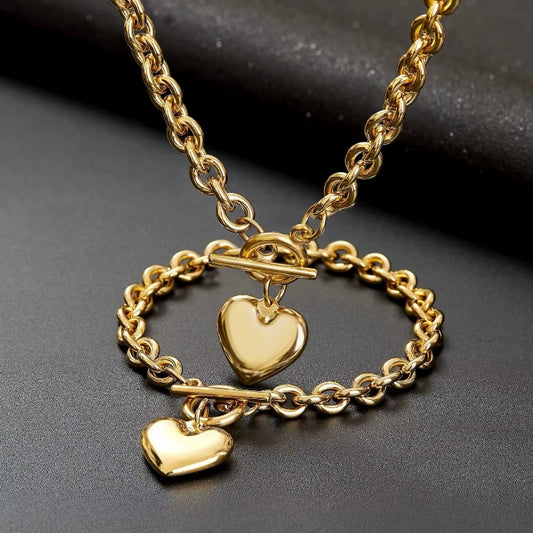 Punk Big Love Heart Ketting & Armband Set – Vintage Grunge Sieraden voor Vrouwen