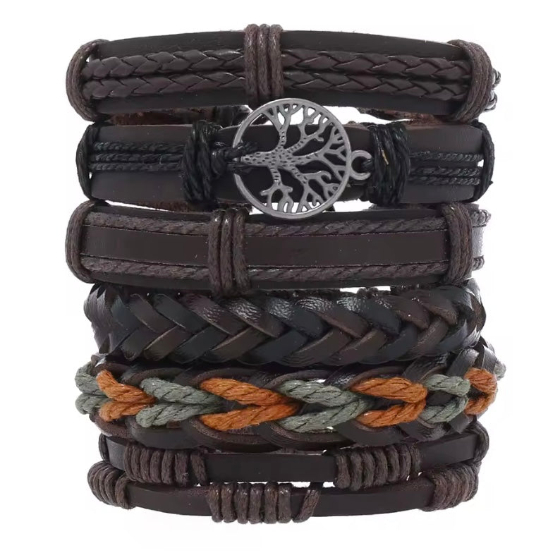 Leren armband voor heren Retro handgeweven leren armband, de levensboom Element Zesdelige set