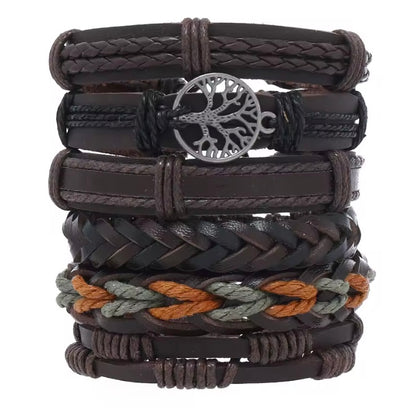 Leren armband voor heren Retro handgeweven leren armband, de levensboom Element Zesdelige set