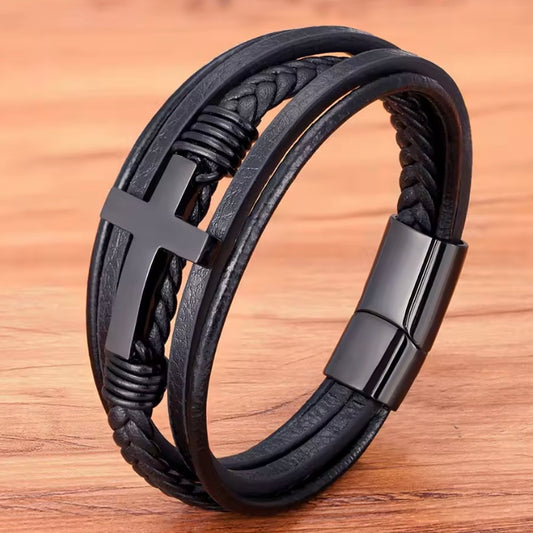 XQNI Luxe Kruisontwerp Klassieke roestvrijstalen lederen herenarmband