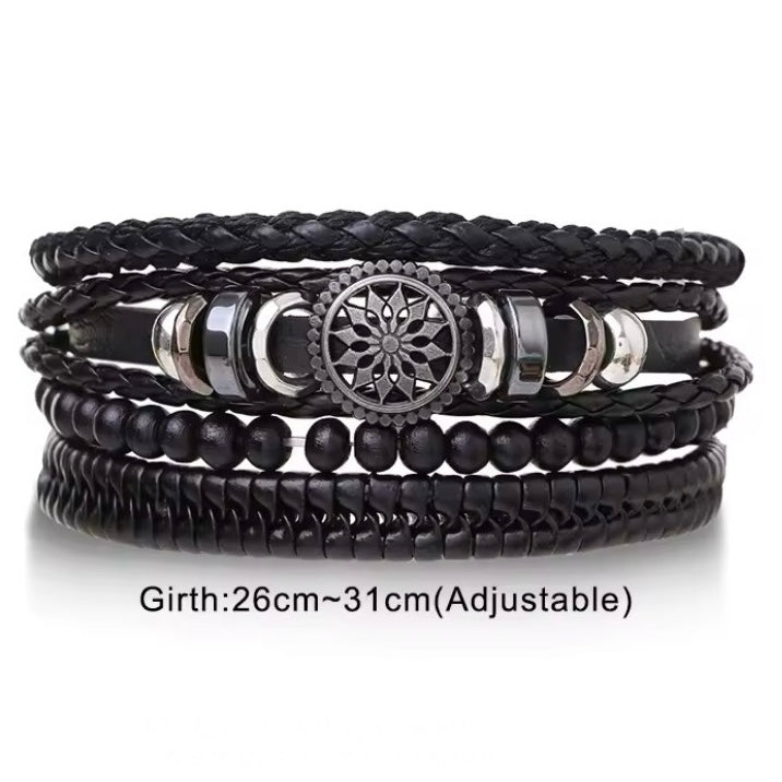 Set van 4 lederen armbanden voor mannen: vintage, gevlochten, houten kralen.
