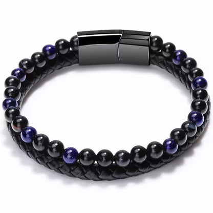 Heren Armband Natuursteen Tijgeroog Agaat Leer – Vulkanische Kralen Armband met Roestvrijstalen Sluiting