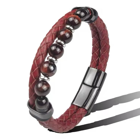 Natuurlijke Ronde Chakra Kraal Steen Armband Heren Klassieke Rode Lederen Rvs Armbanden