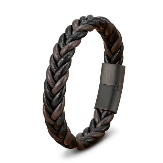 Klassieke herenarmband – gevlochten leer met roestvrijstalen details