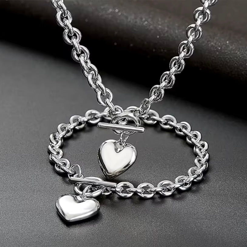 Punk Big Love Heart Ketting & Armband Set – Vintage Grunge Sieraden voor Vrouwen