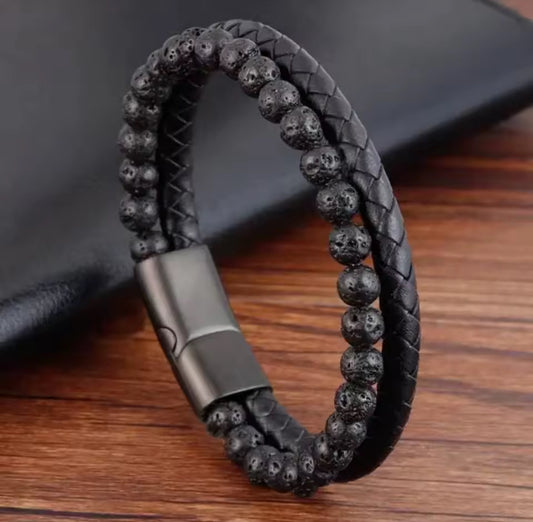 Heren Armband Natuursteen Tijgeroog Agaat Leer – Vulkanische Kralen Armband met Roestvrijstalen Sluiting