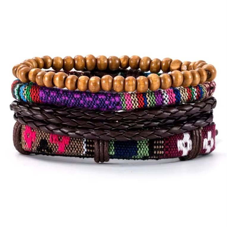 Set van 4 lederen armbanden voor mannen: vintage, gevlochten, houten kralen.